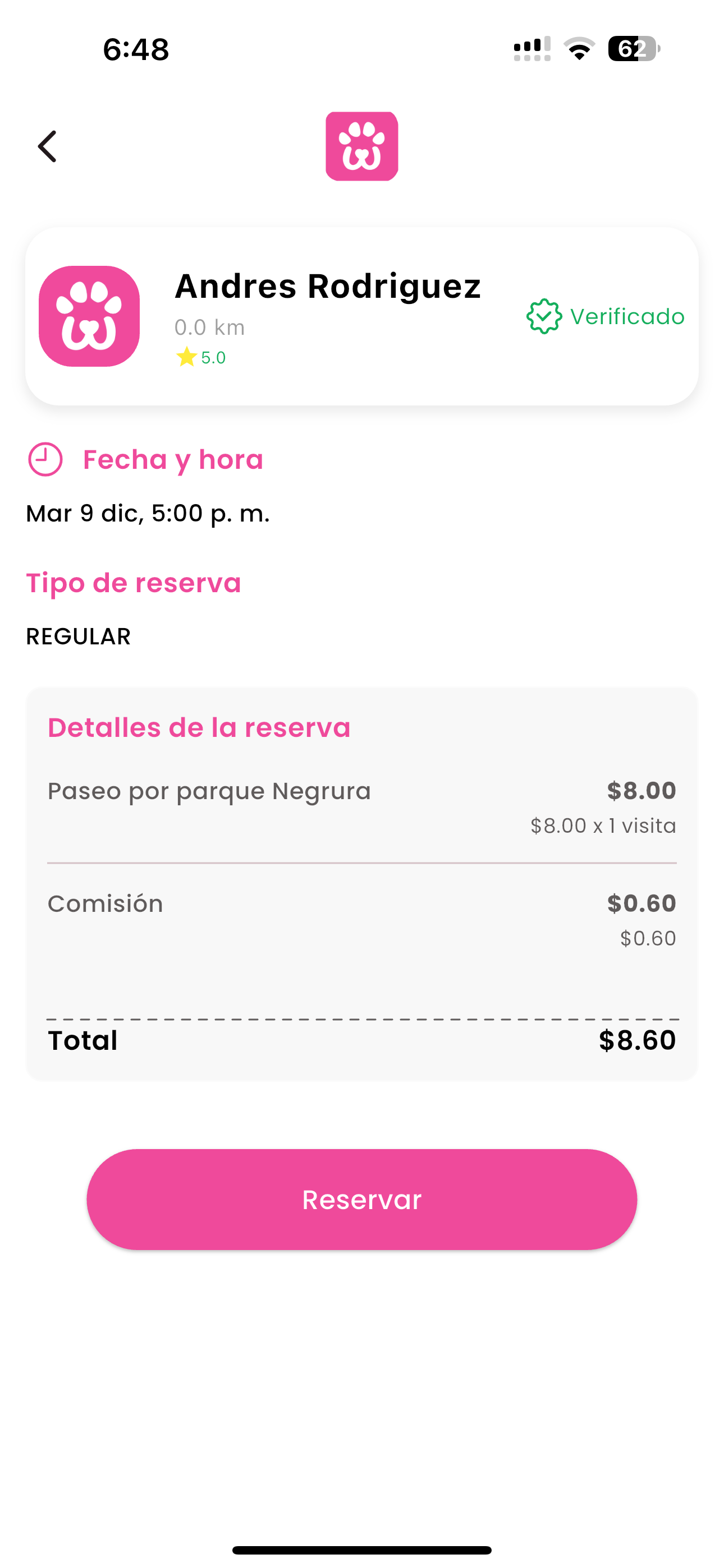 Booking details screen