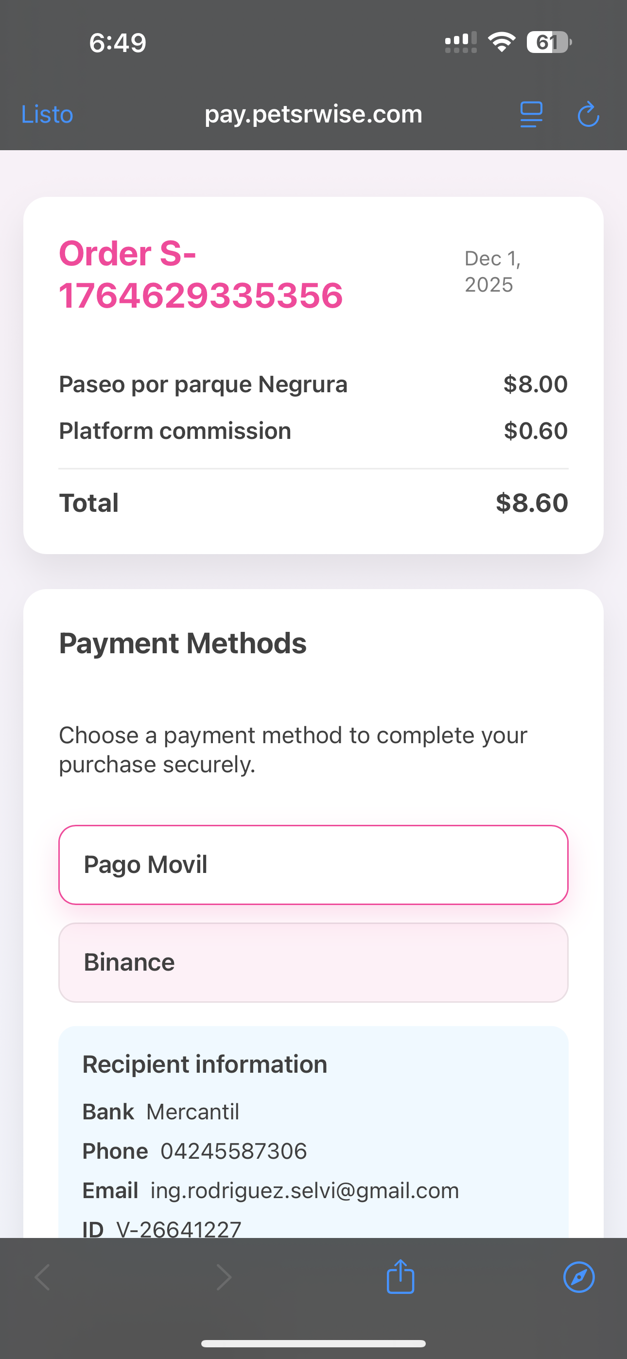 Payment confirmation screen