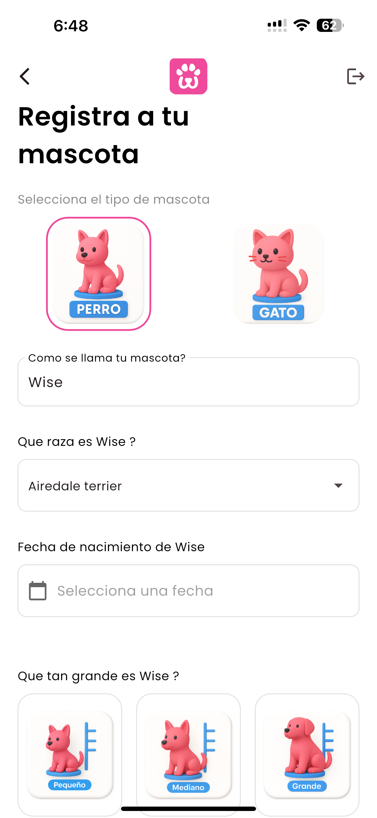 Pet owner registration screen