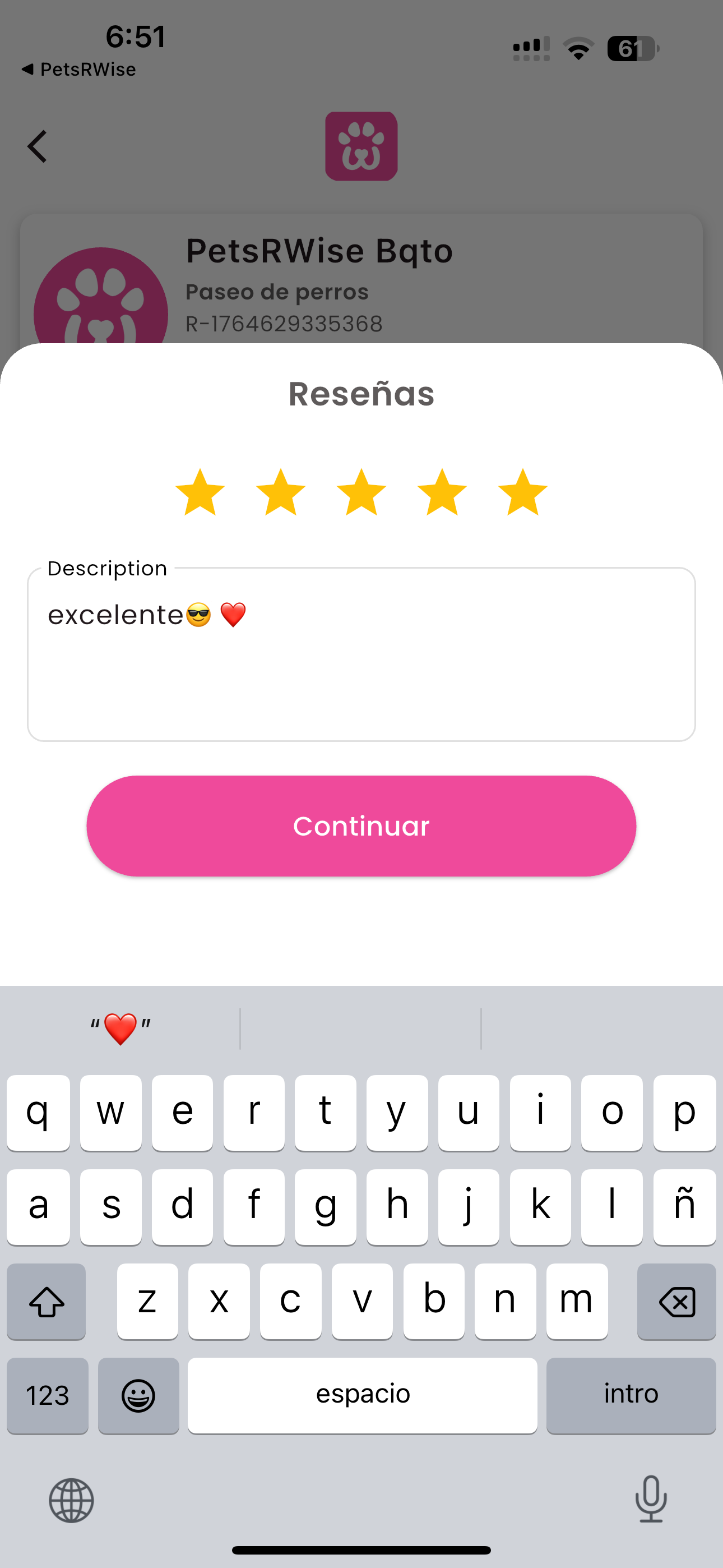 Service review screen