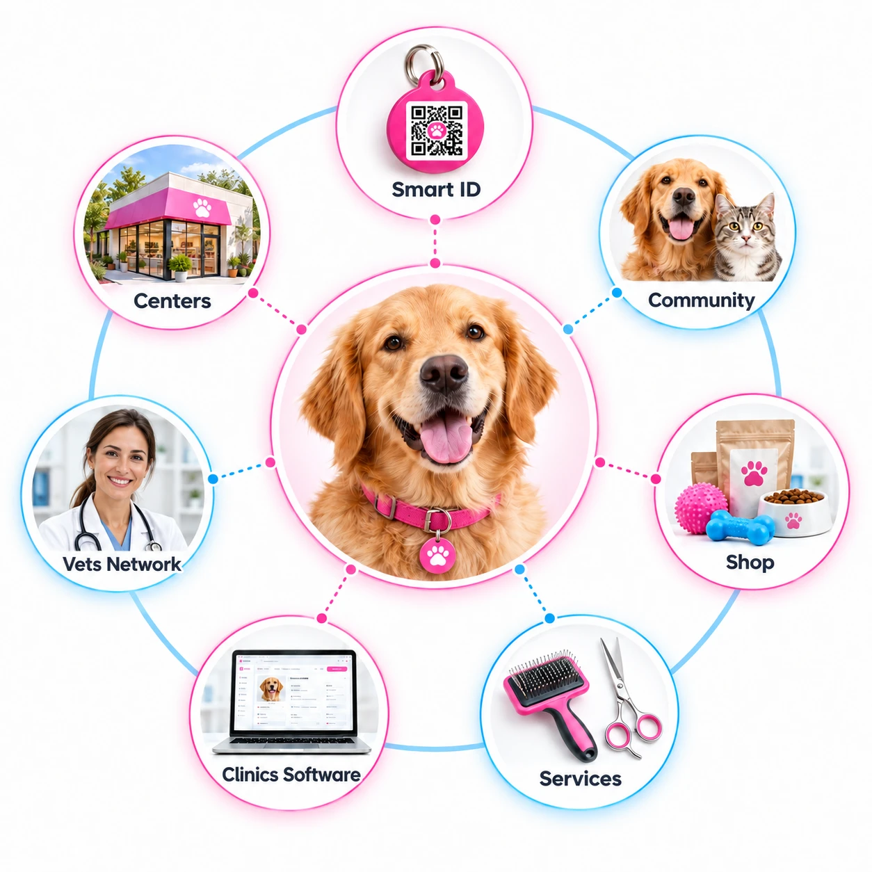 Mascota al centro de siete pilares: Smart ID, Community, Shop, Services, Clinics Software, Vets Network y Centers