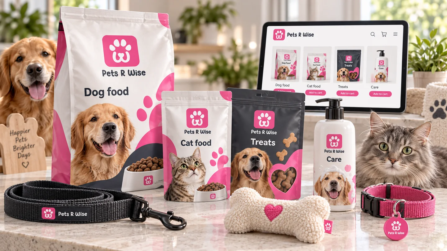 Concepto de la colección PetsRWise con alimentos, juguetes y accesorios